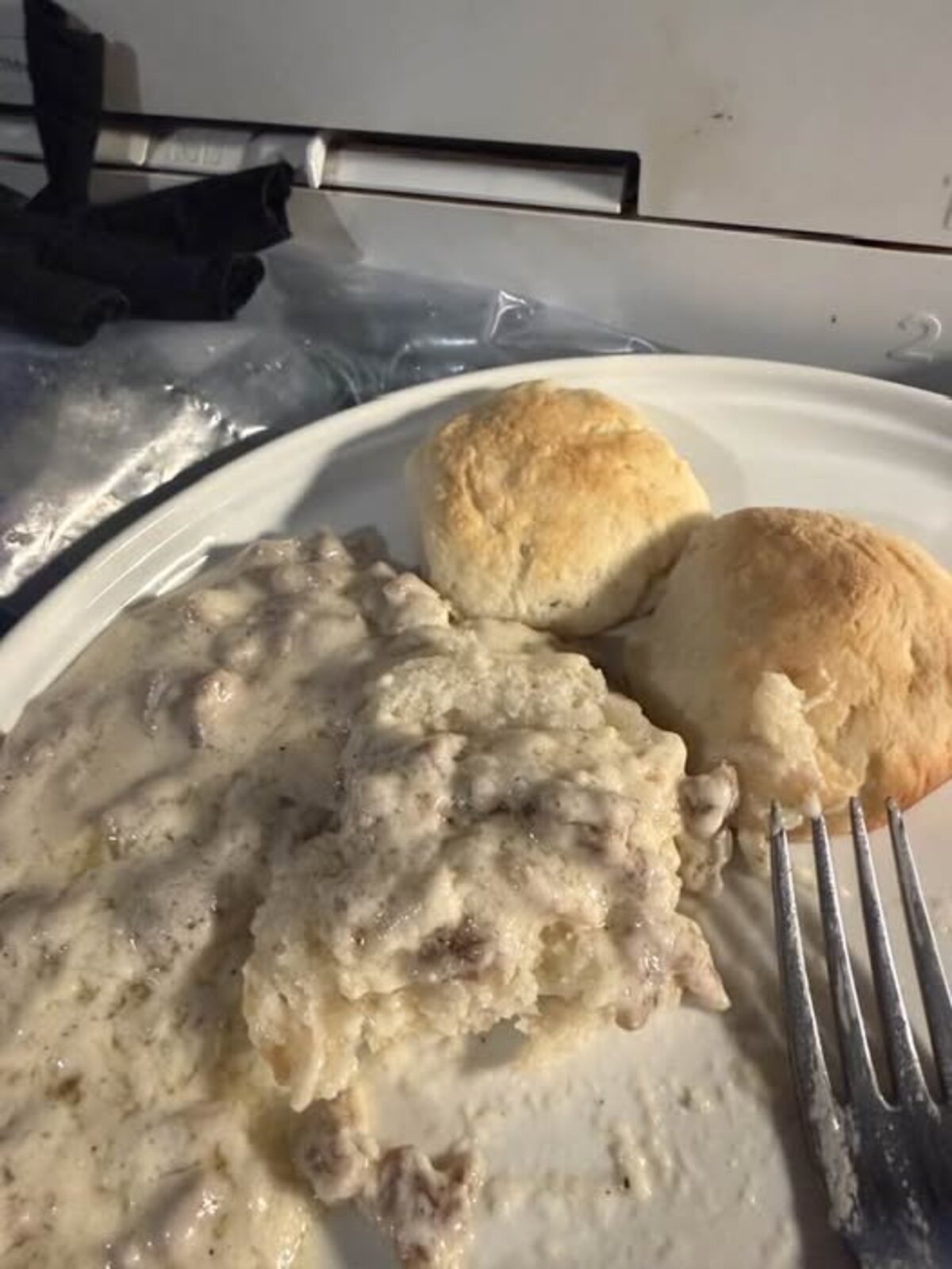 Fresh buttermilk biscuits and sausage gravy made by Pam Otts in memory of her grandmother and granddaddy in Middle Georgia