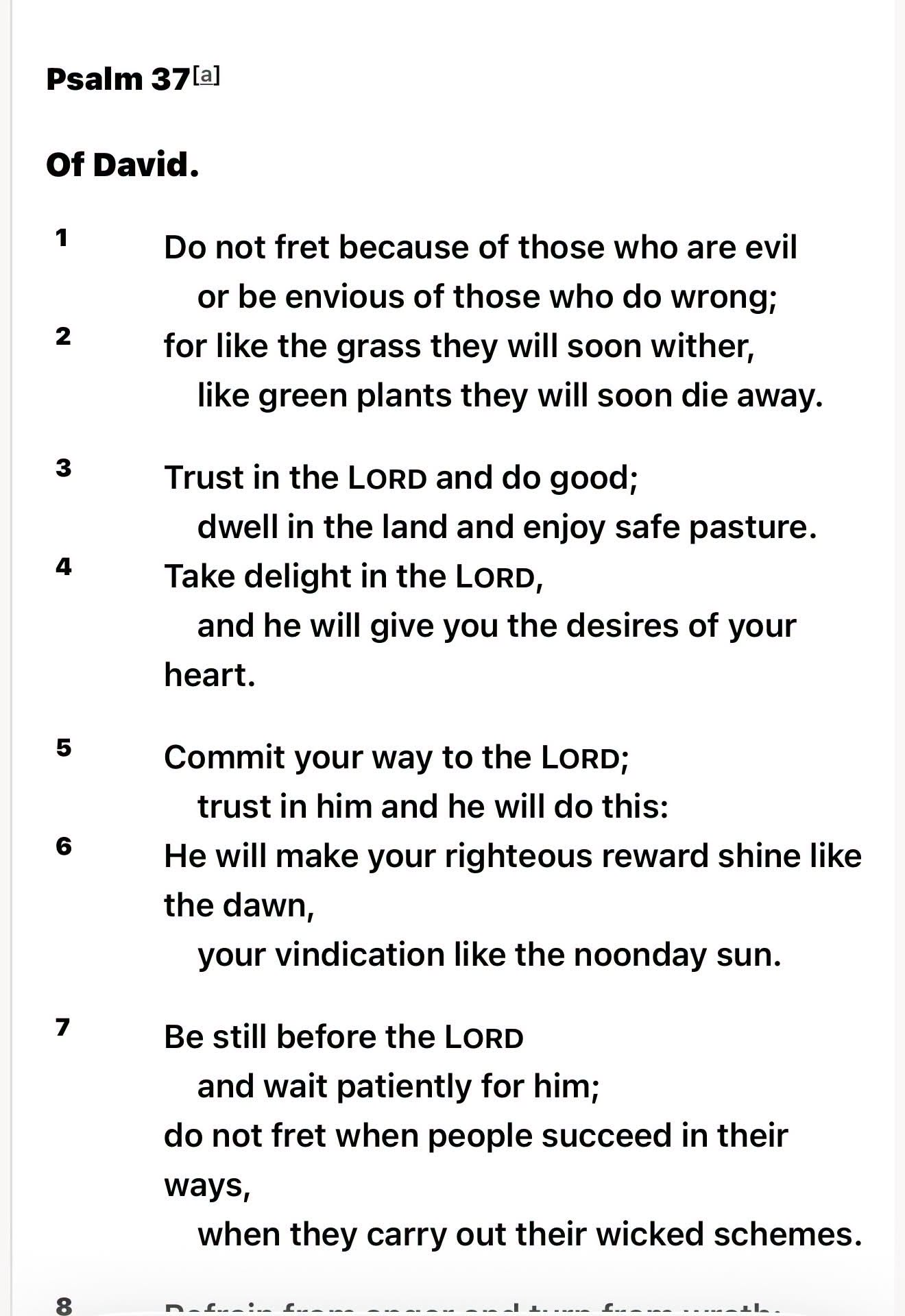 A phone screenshot of Psalm 37 headed Psalm 37 and Of David, showing verses 1 through 7 and the start of verse 8 in black text on white